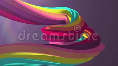 软色3D曲线彩虹棉花糖绳糖果无缝环抽象形状动画背景新品质